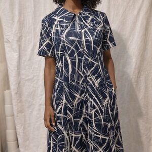 Vintage Early 1990s Abstract Print Dress Blue and White M